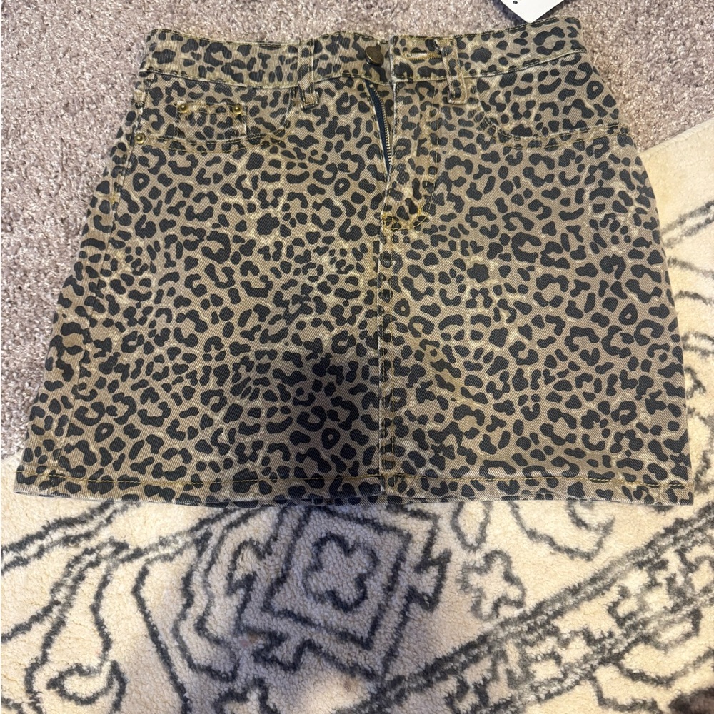 Leopard Print Denim Mini Skirt - Brown & Black